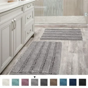PrimeBeau Absorbent Bath Mats, Shaggy Chenille, Thick Floor Mats, Set of 2, Dove