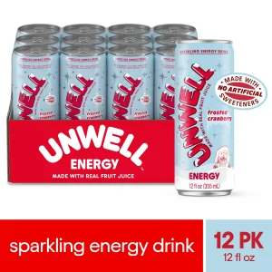 Unwell Sparkling Energy Drink, Natural Caffeine, 3g Sugar - Frosted Cranberry, 12 PK